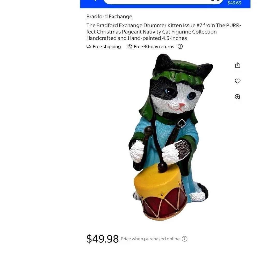 The Bradford Exchange #7 Drummer Cat PURR-fect Christmas Nativity Figurine 4.5